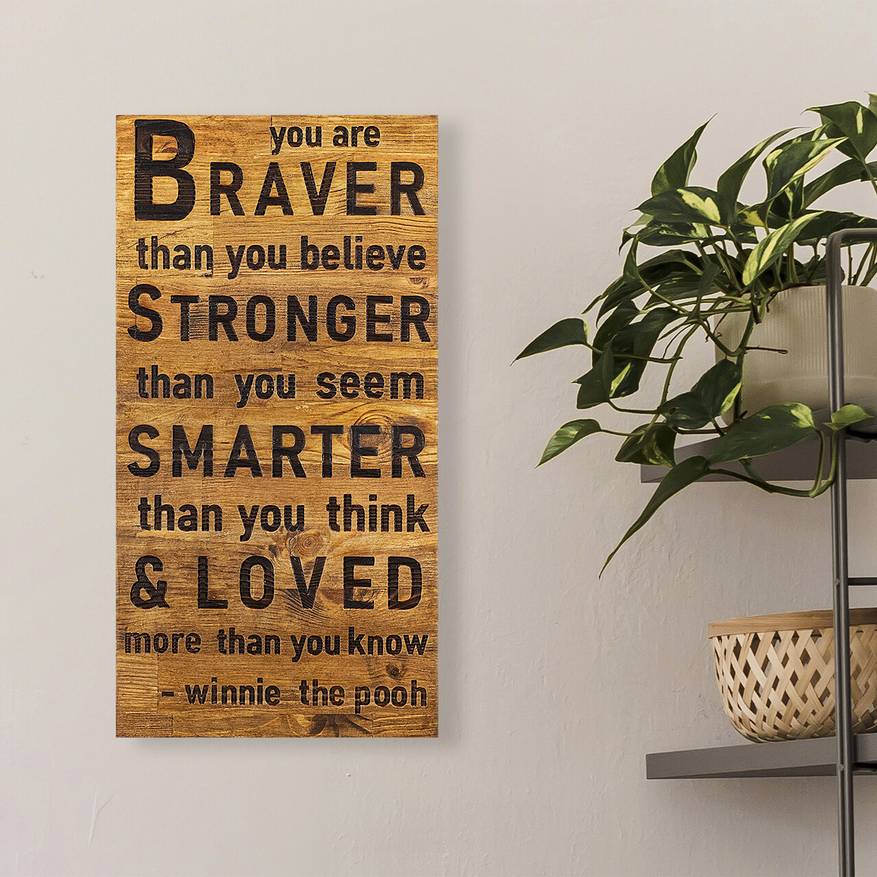 Decoratiune de perete, Braver Stronger Smarter Loved, Dimensiune: 30 x 3 x 58 cm, Nuc / Negru - imagine 7